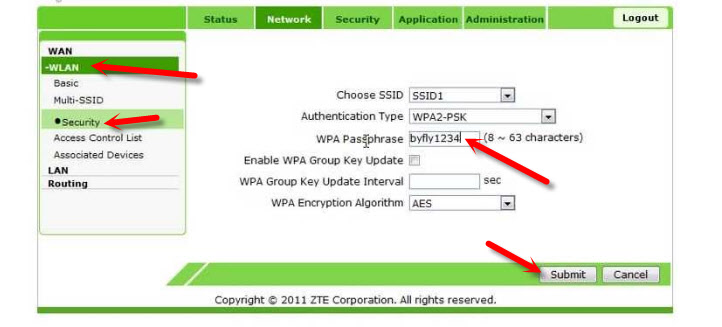 В поле WPA Passphrase (WPA Password (в залежності від моделі модему і прошивки)) введіть новий пароль доступу до WiFi мережі