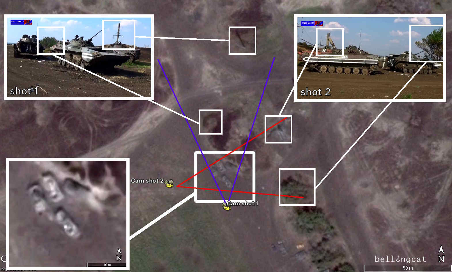 Ті ж знищені військові машини добре видно на супутниковому знімку Google Earth від 8 серпня, знятому відразу   після відходу українських військ з прикордонної зони