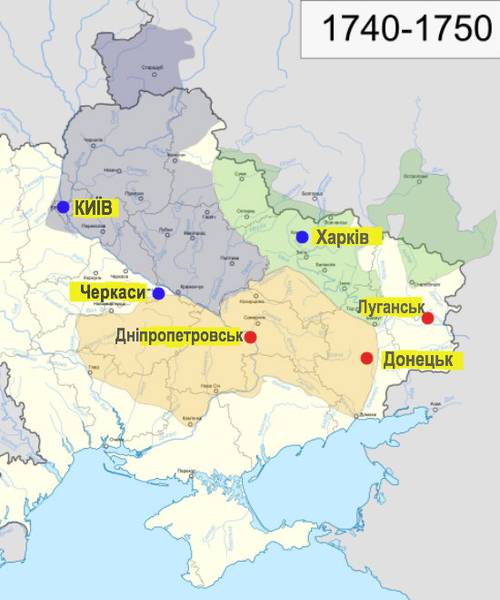 На карті нижче - три складових частини сучасного українського Лівобережжя - Гетьманщина, Слобожанщина і Запоріжжя (червоним відзначені міста, яких в той час ще не було):