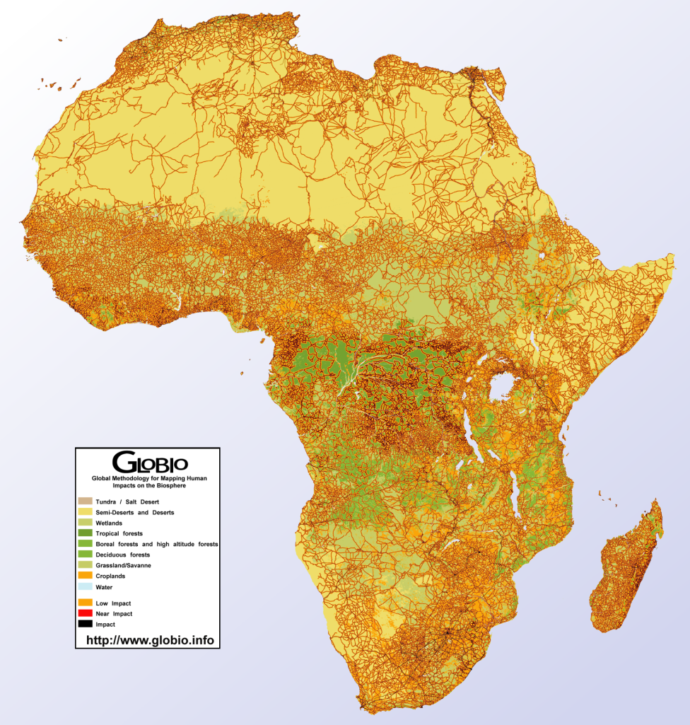 Карта рівня антропогенного впливу людини на екосистеми Африки