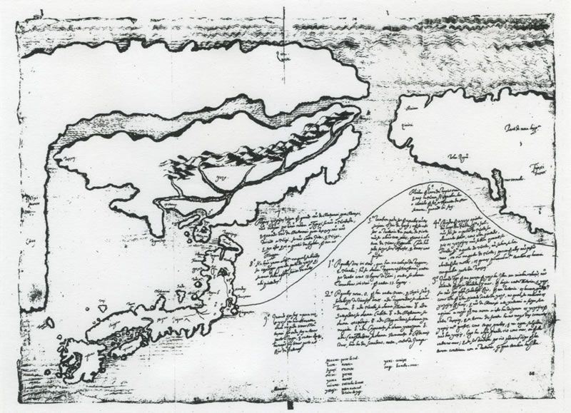 Рання карта Едзо, намальована єзуїтським місіонером Джироламо де Анжеліса, описує Хоккайдо величезним островом на північ від Хонсю і знаходяться недалеко від Кореї або північно-східного Китаю