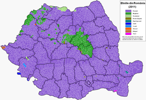 Етнічний склад населення Румунії (зеленим кольором відзначені місця проживання угорців):