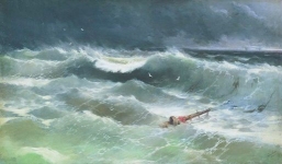 картина   «Буря на Азовському морі» зображує перед публікою зеленувато-сірий стовп хвиль, немов виплескуються з полотна