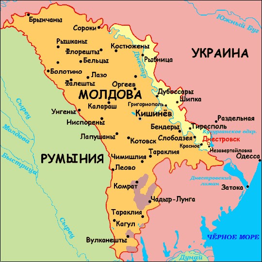 Молдавія розташована на південному сході Європи, у неї є спільні кордони з Україною і Румунією