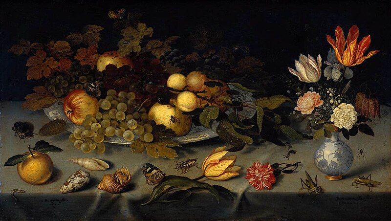 Fruit still life with shells and a tulip, 1620