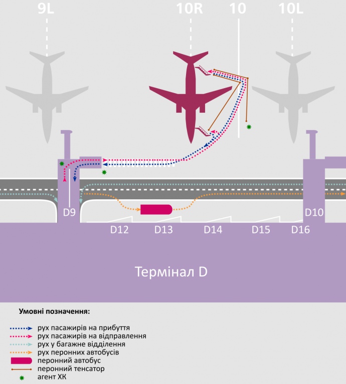 Схема наземного обслуговування авіакомпанії Ryanair в аеропорту Бориспіль передбачає пішу прогулянку від / до виходу з терміналу