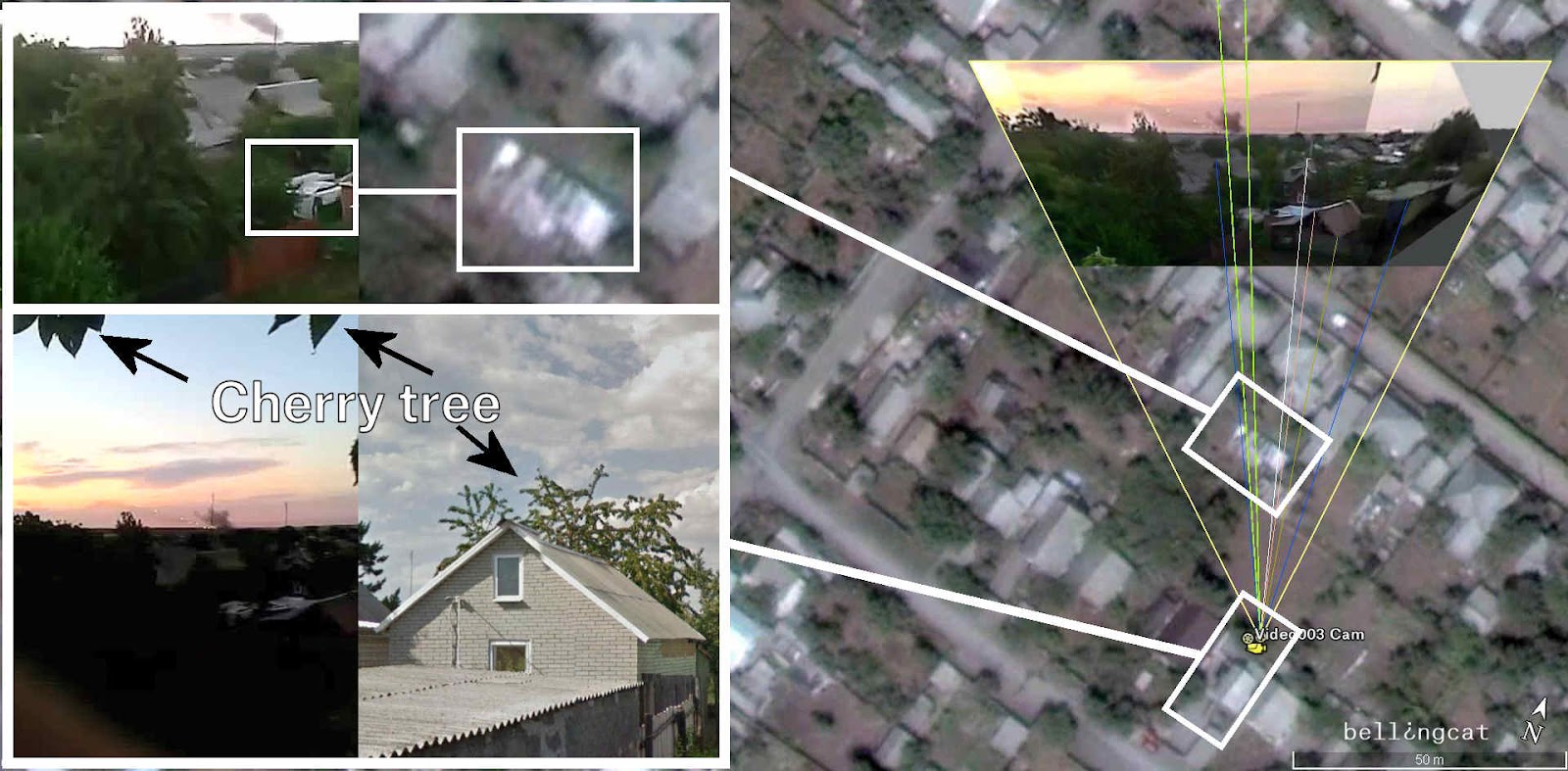 Ключові деталі цього відео - будівлі в центрі, місце розташування камери на вишневому дереві, а також кут і відстань від вогневої позиції