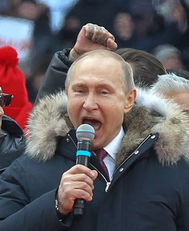 На мітингу в підтримку Путіна хтось приставив до голови президента РФ кулак з наколками