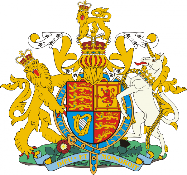 Гербовий щит Сполученого королівства складений з гербів королівств, його складових: три лева в першому і четвертому полях представляють Англію;  червлений лев в золотому полі - Шотландію;  арфа в третьому блакитному полі - герб Ірландії, після відділення останньої в 1922 р представляє Північну Ірландію