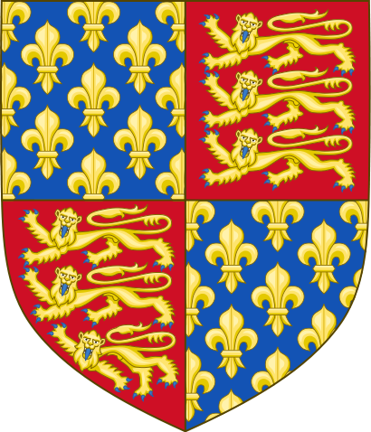 Коли французьким королем обрали Філіпа VI Валуа, Едуард III, на знак своїх претензій на трон Франції, розсік поле щита, залишивши в другій і третій чвертях традиційних леопардів, а в першій і четвертій помістив лазурнеє поле, засіяне золотими ліліями - емблему Франції